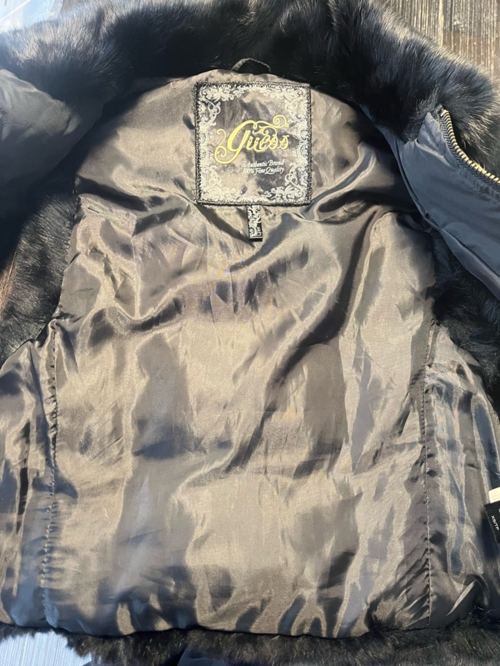 ‼️SALE‼️ GUESS Y2K Black Down Puffer Vest Rabbit Fur Trim Hooded size: xs - Picture 8 of 12